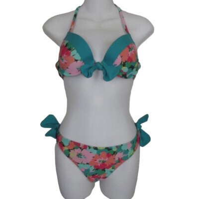 Aerie Green Tropical Floral Bikini (Halter Top 36B) (Bottom is Large)