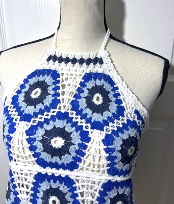 Womens Halter Neck Crochet Tank Top S Blue White Sleeveless Boho Knit NWT