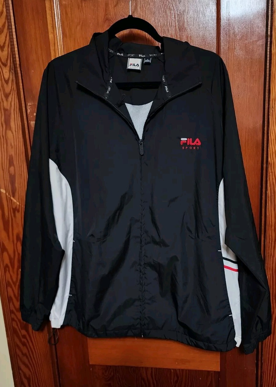 Giacca Uomo Vintage Fila Nero Rosso Cerniera Intera Logo Frangivento Multicolore