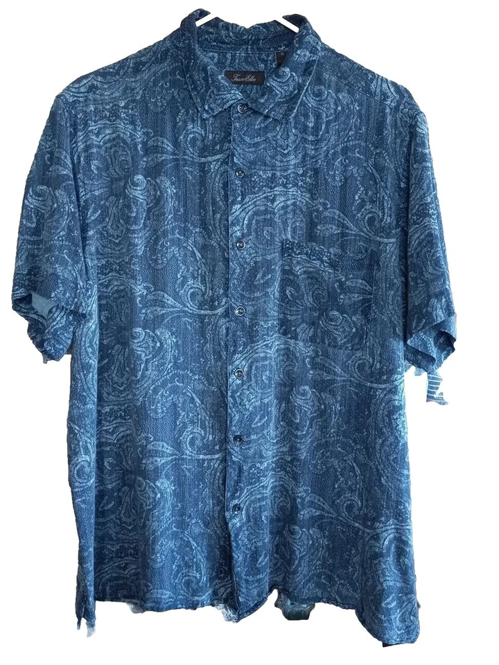 Tasso Elba Men XL Short Sleeve Buttons Down Shirt Aztec Paisley Blue Silk/Rayon - Image 3 of 4
