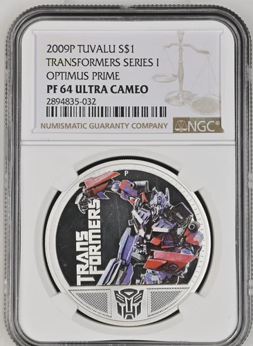 1 DOLLAR 2009 TUVALU TRANSFORMERS SERIES I OPTIMUS PRIME SILVER PROOF NGC PF64