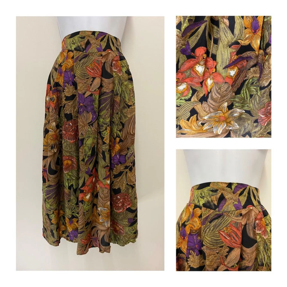 Vintage Skirt Size 12 Boho Midi Floral Arty Brown Pleated Floaty Slimming - Image 2 of 4