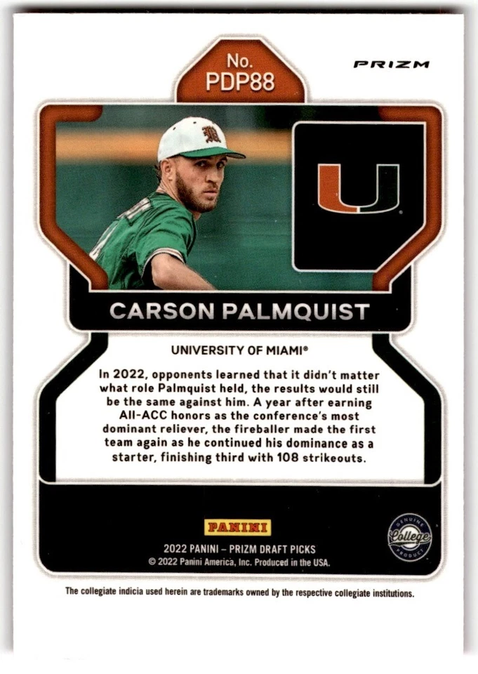 2022 Panini Prizm Draft Picks Neon Pink Carson Palmquist #PDP88 - Image 2 of 2