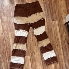 Unbranded Patchwork Jeans Brown Flare Bell Bottom Distressed High Rise