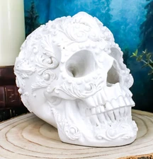 French Baroque Rococo White Floral Skull Statue Royal European 3D Skulls Decor