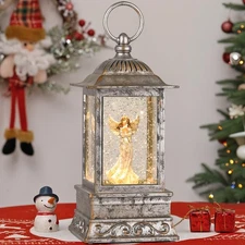 Christmas Snow Globe Decorations, Musical Glitter Silver Angel Lantern with 6...
