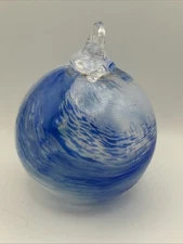 Hand Blown Christmas Ornament Art Glass Orb Blue Bubble Swirl 4” Tall By 3” Wide
