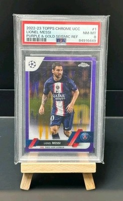 2022-23 TOPPS CHROME UCC #1 LIONEL MESSI PURPLE & GOLD SEISMIC PSA 8 Argentina 