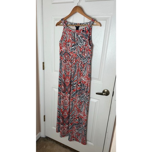 Ann Taylor Maxikleid orange marineblau Schlüsselloch Paisley ärmellos Small Petite SP - Bild 2 von 6