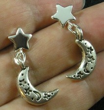 Crescent Moon Star Silver Plated Post Dangle Earrings Comfort Ear Clutch