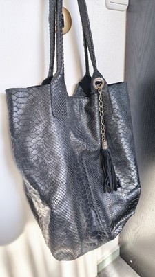 Wildleder Damen Handtasche Schultertasche Schwarz Croc Optik Top Zustand Vintage