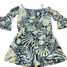 Lilly Pulitzer Girls XL 12-14 Romper Blue Green Pineapple Ruffle Sleeve Cotton