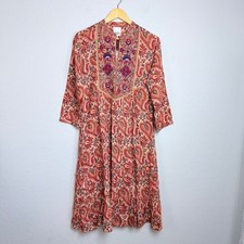 NEW Raga Naya Embroidered Midi Dress Womens Small Beige Red Paisley Boho Tiered