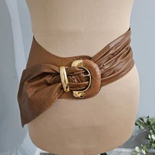 Vintage Tequila Genuine Leather Wide Sash Belt Brown Croc Embossed Gold Buckle