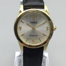 Timex Diamond Womens 27mm Gold Tone Watch Black Leather Strap New Battery