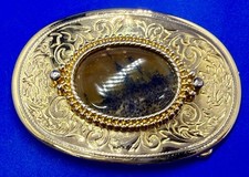 Brown Dendritic Agate Stone Gold Tone 30 x 40mm Cabochon on Western Belt Buckle