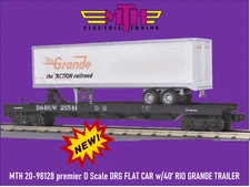 MTH 20-98128 O Scale DRG w/40’ RIO GRANDE TRAILER. C-10, IN OEM WRAPPING