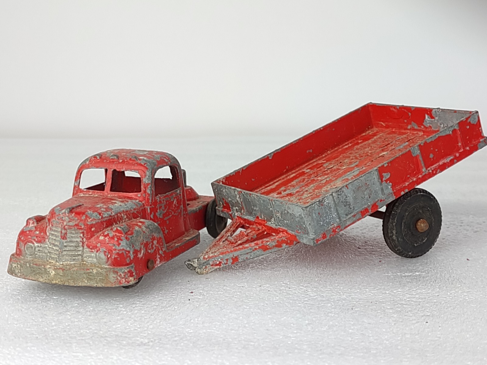 Tootsie Toy Red Truck with Flatbed Trailer USA Metal Diecast Old