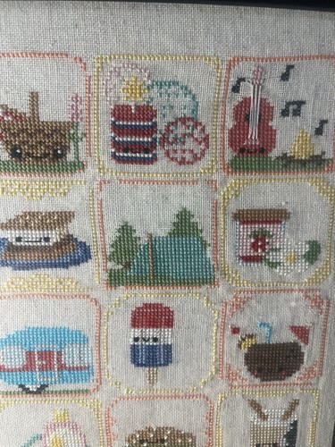 Vintage needlepoint cross stitch summer theme in black frame, 14.5" square - Picture 5 of 8