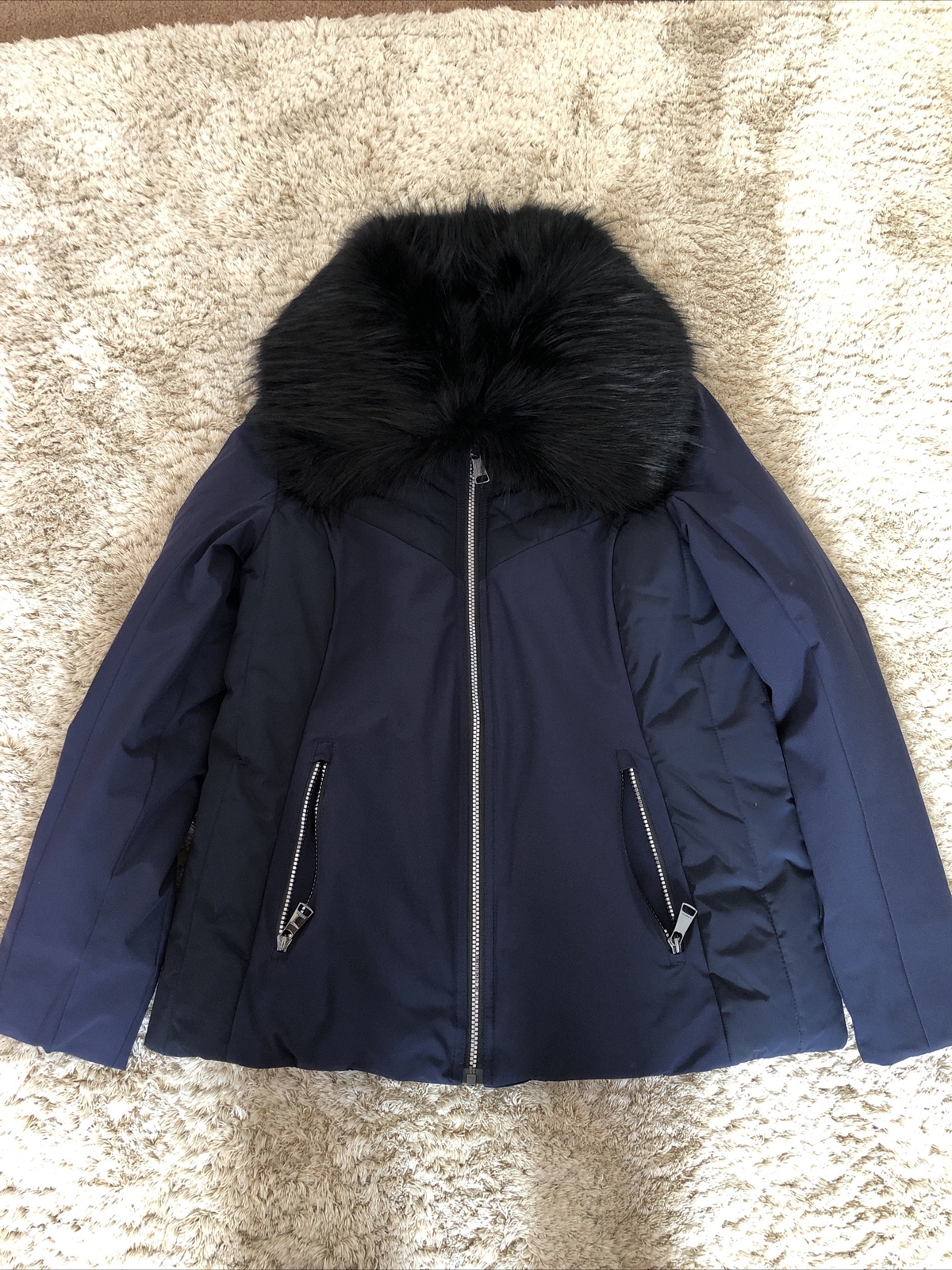Elegant Ladies Slim Fit Dark Blue Jacket with Faux Fur Collar