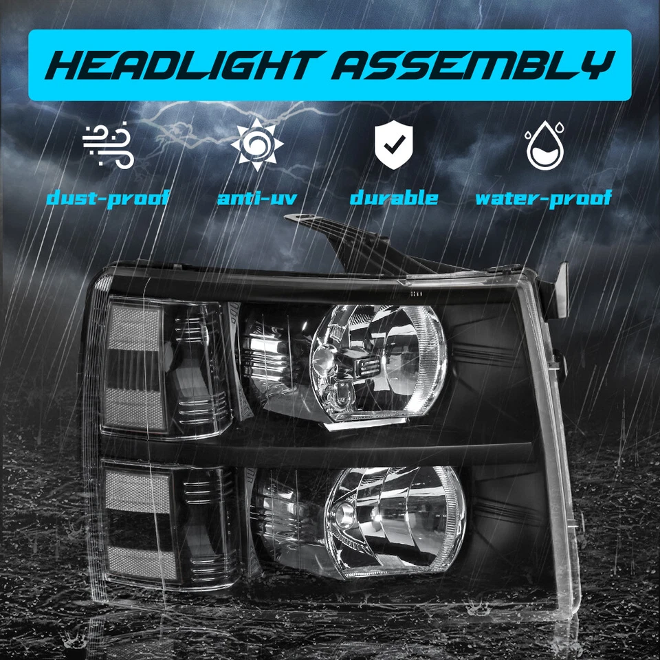 For 2007-2013 Chevy Silverado 1500 2500 3500 Black Housing Headlights A Pair Foto 3 de 4