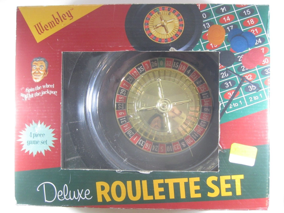New Wembley Deluxe Roulette Wheel 4 game set w/felt mat, poker chips