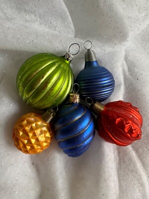 Germany Czech Glass Handblown Textured Ornaments Christmas Blue Green Gold Red