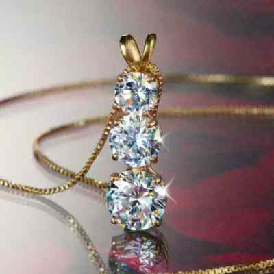 2Ct Round Cut Real Moissanite Three Stone Pendant 14K Yellow Gold Silver Plated