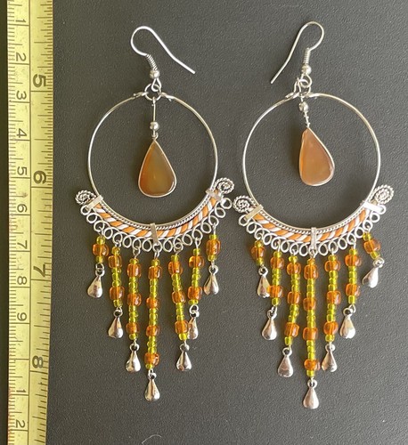 Peruanisch Orange Achat Stein lange Ohrringe Perlen Hängen Alpaka Silber Boho ethnisch - Bild 3 von 6