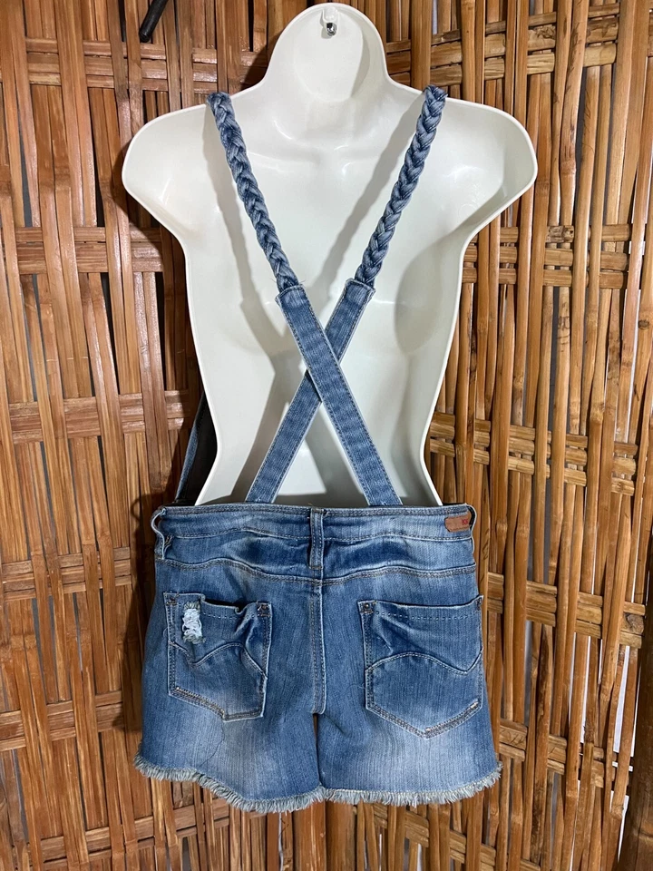 Bongo Overall Bib Blue Jeans Short Shorts Braided Straps Distressed L - Image 3 of 4