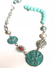Aqua Blue Sea Life Necklace 21" Earrings Shell Starfish Pearl Silver Plated