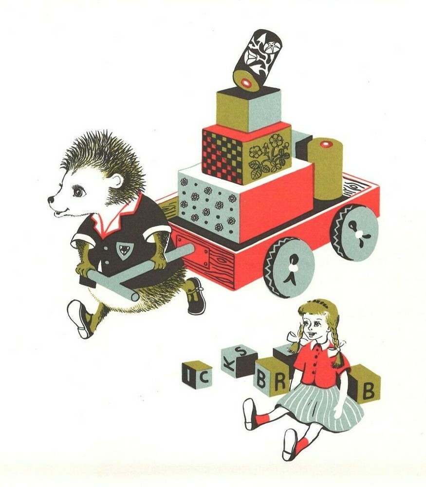Antique Color Print (1960) #387 – Corkey Pulling Toy Wagon with Wooden Blocks