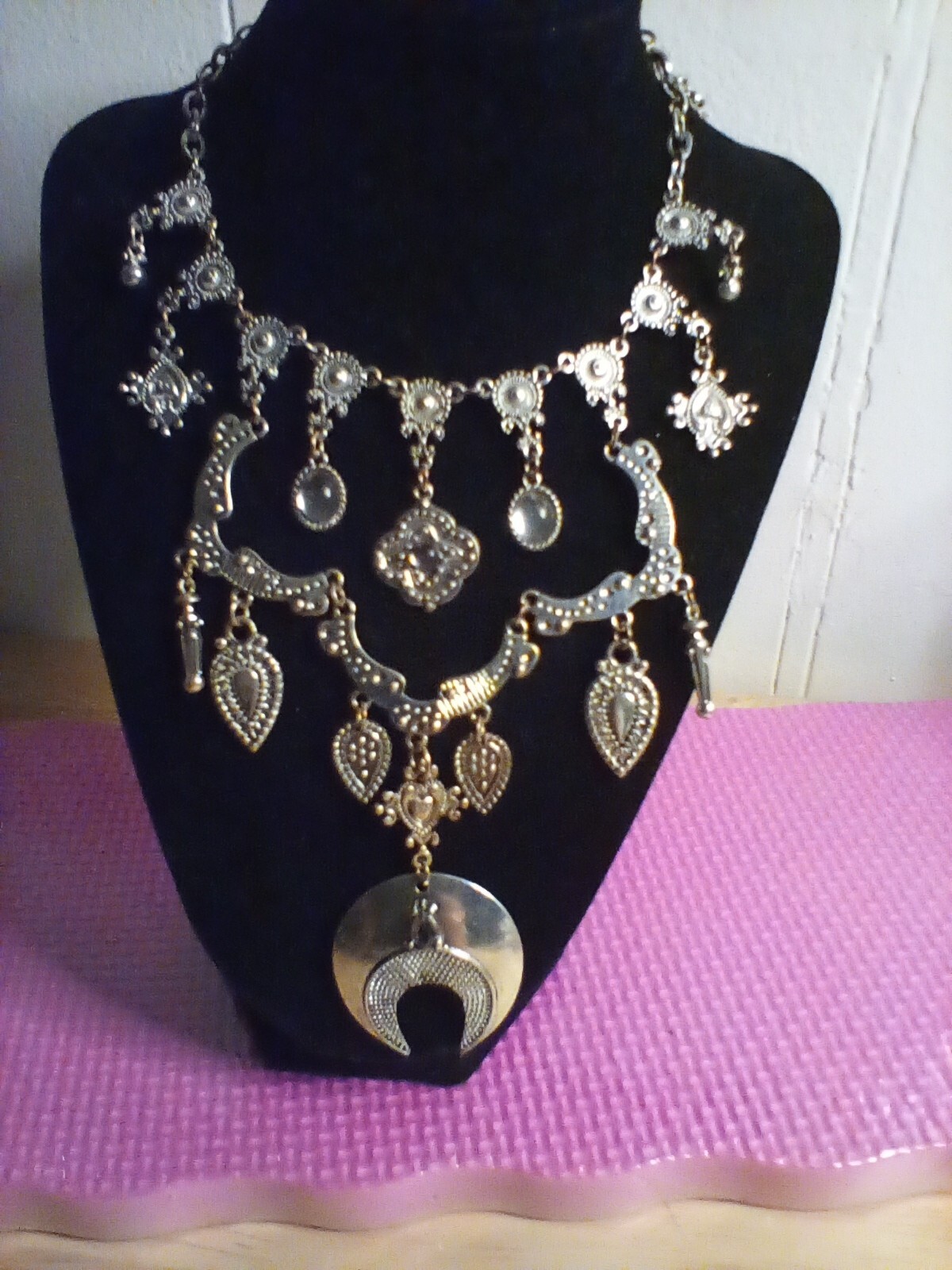 Multistrand Boho Gypsy Silvertone Statement Neckl… - image 1