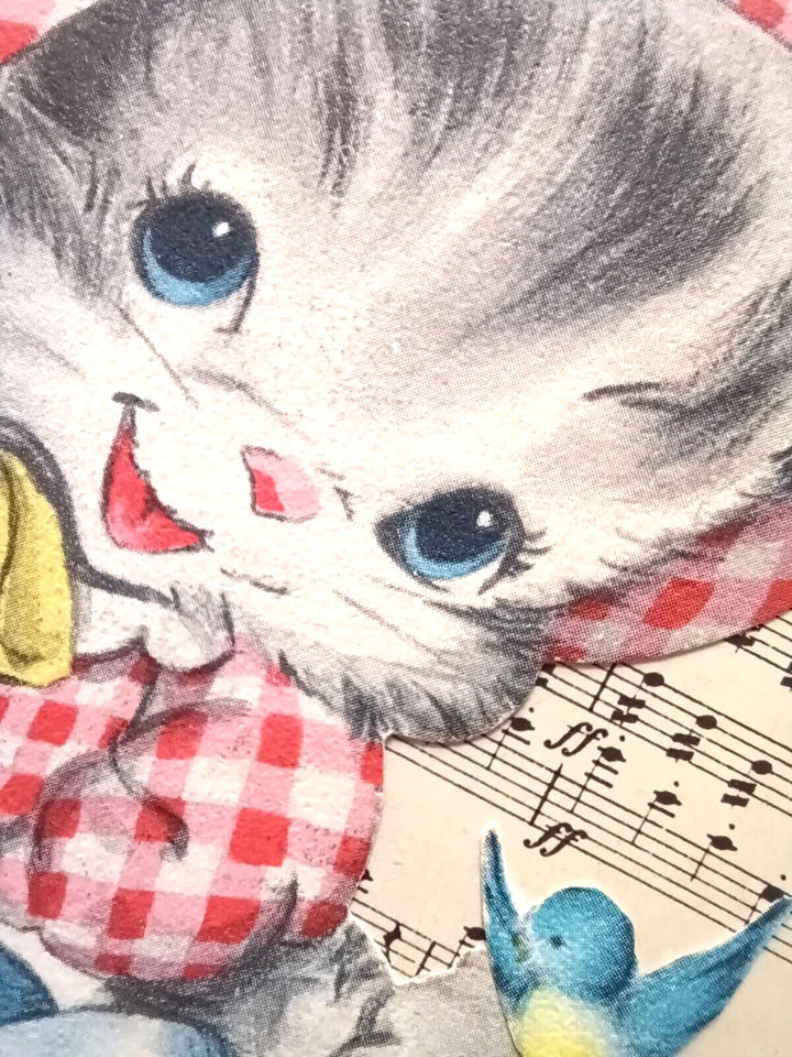 Adorable tarjeta de cumpleaños adornada vintage artesanal ¡ÚNICA EN SU CLASE! Honey Kitten 5x7  Foto 3 de 4