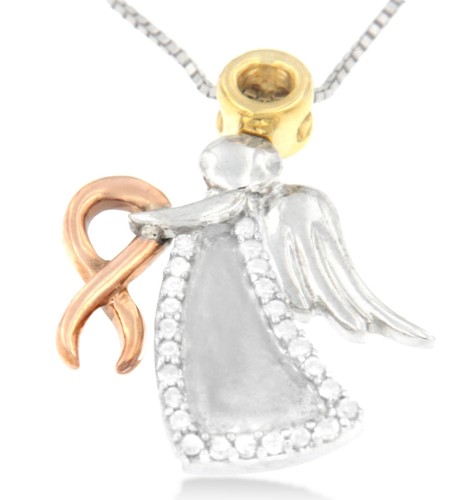 10K Tri-Color Gold Diamond Accented Angel Awareness Ribbon Pendant Necklace - Picture 3 of 7