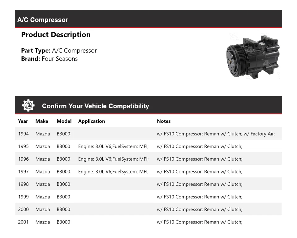 Compresor de aire acondicionado para Mazda B3000 1994-2001 4 estaciones 1995 1996 1997 1998 1999 2000 Foto 2 de 4