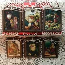 6 Handcrafted Wooden SANTA Ornaments / Christmas Hang Tags SET1B
