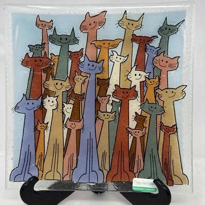 Peggy Karr Glass 10  CATS Square Plate Signed