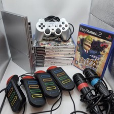 Sony PlayStation 2 PS2 Slim Silver Console Tested & WORKING Singstar Buzz Bundle