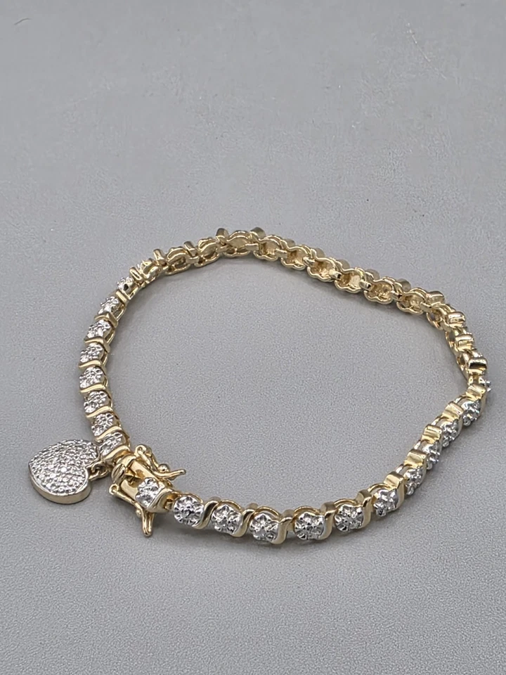 纯银 925 金 Vermeil 方晶锆石 CZ 网球手链 带心形饰品 — 第 2/4 张图片