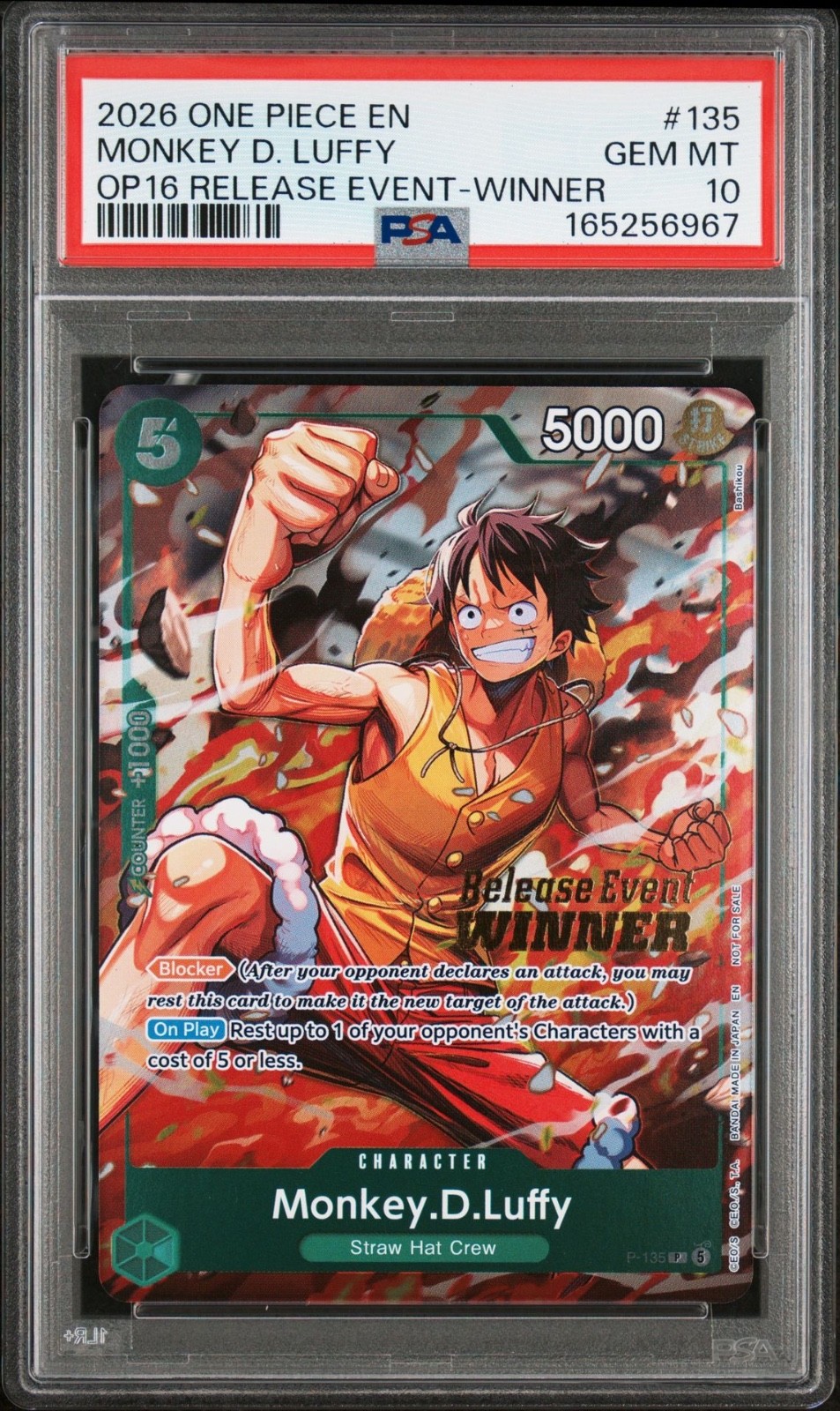 One Piece Monkey D Luffy Release Event Winner OP16-135 PSA 10 Gem Mint