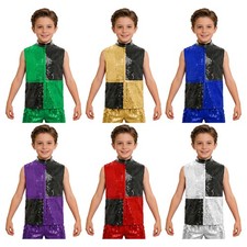 Kids Hip Hop Competition Disco Latin Tank Sequins Tops Shiny Vest Party Crop