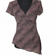 pink striped babydoll blouse with an asymmetrical hem and tie waist