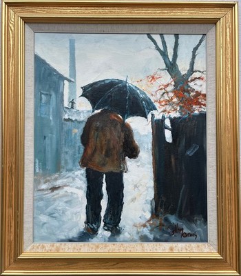 Allan Karms 1933-2021 Mann mit Regenschirm Ölbild Modern Danish Art 78x68cm 
