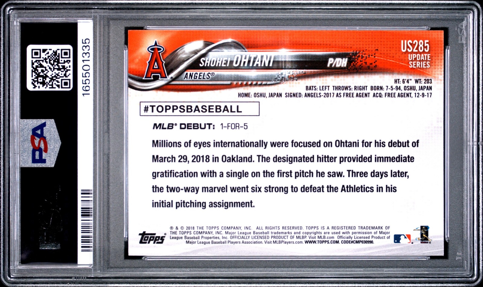 2018 Topps Update Shohei Ohtani #US285 Rookie Angels PSA 7 view 2