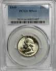 1949 P  Washington Silver Quarter, PCGS MS64, Philadelphia  Mint￼
