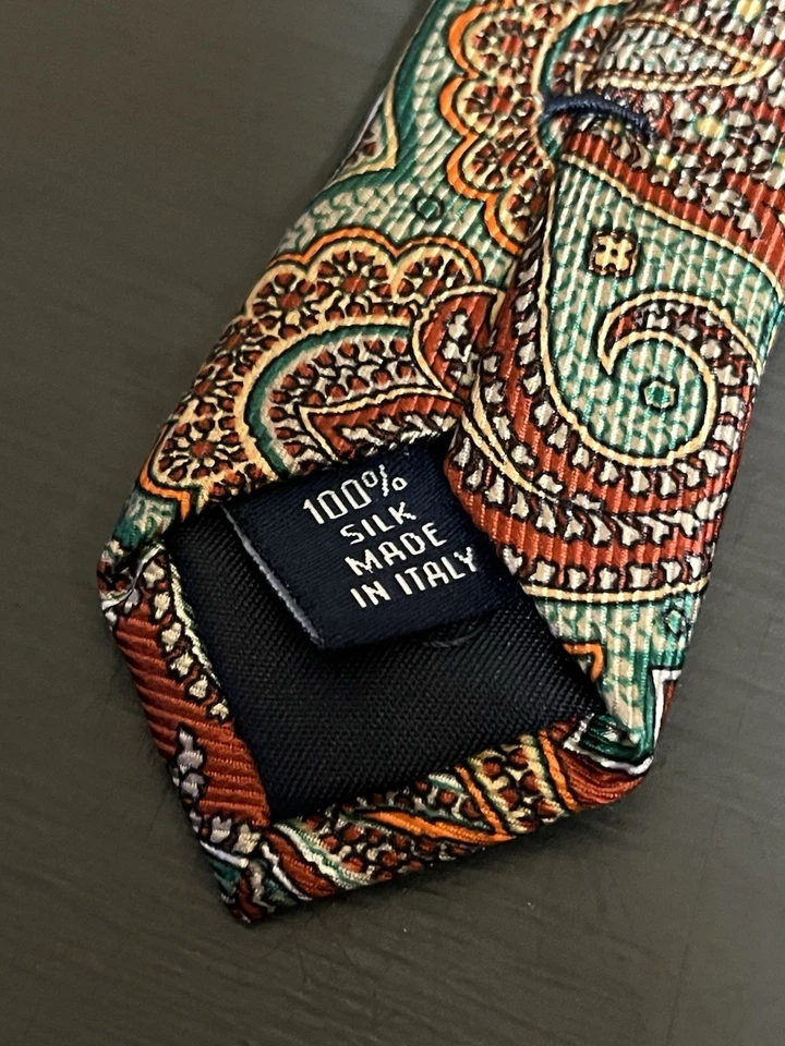 Paul Frederick 领带锦缎佩斯利多色绿色意大利制造 100% 真丝 全新 — 第 4/4 张图片