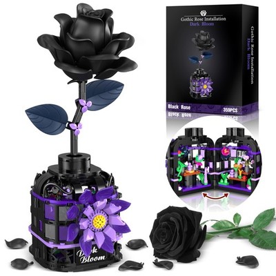 Gothic Black Roses Building Blocks Kit, Mysterious Dark Bloom with Vase Build...