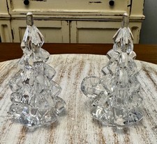 Vtg Christmas Clear Glass 4 in. Tree Shaped Thin Taper Candle Holder Set of 2