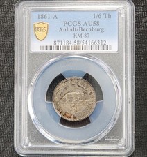 1861 A Germany ANHALT-BERNBURG 1/6 Silver Taler - KM-87, PCGS AU58 - SLB2-45
